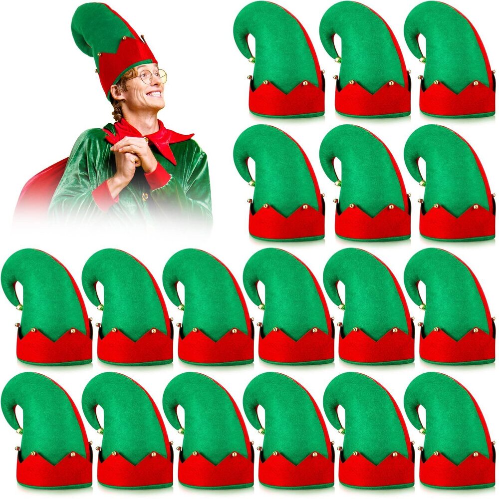 4660 18 Pieces Christmas Elf Felt Hat for Adults Red and Green Santa Elf